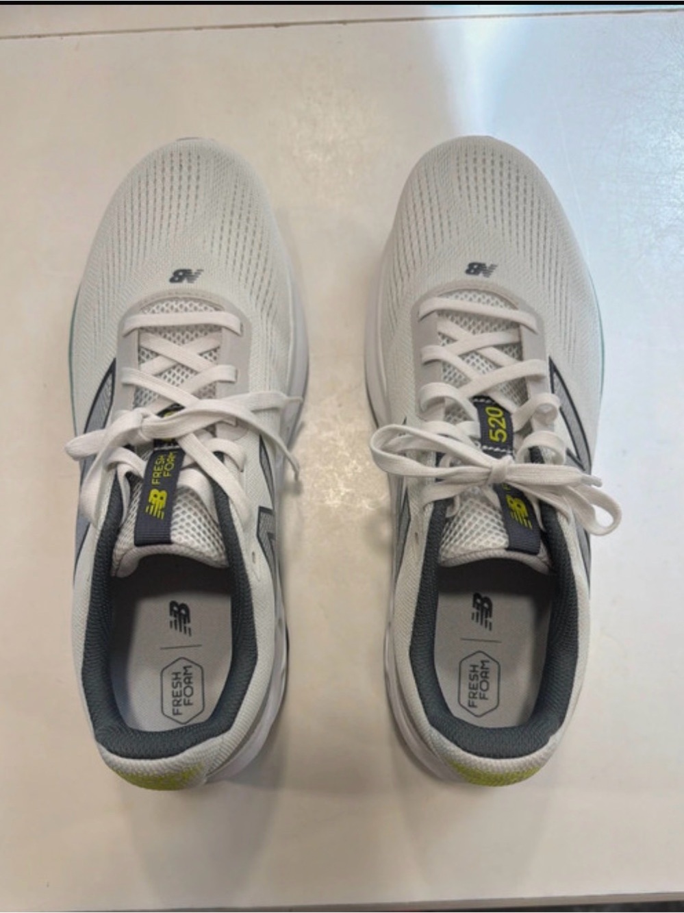 New Balance Men's Athletic Sneakers in White and Gray with Lime Accent